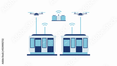 Drones flying over two tram cabins with a connected central unit in a minimalist design scheme image