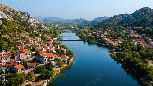 Aerial view of rijeka crnojevica montenegro europe landscape travel destination vacation tourism scenic