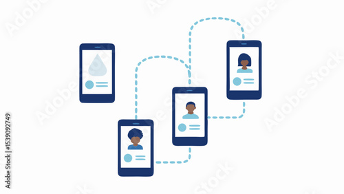 Illustration of interconnected smartphones displaying profiles and a geometric shape 100