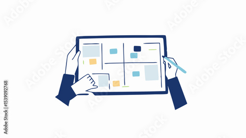 Hands interacting with a tablet displaying a four quadrant grid with colored blocks and lines, using a stylus