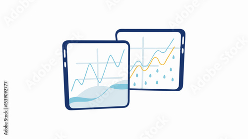 Two tablets displaying data charts with blue and yellow lines showing trends and analysis results