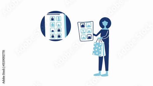 Woman viewing purses on a tablet and a catalog while holding a shopping bag with polka dots on it