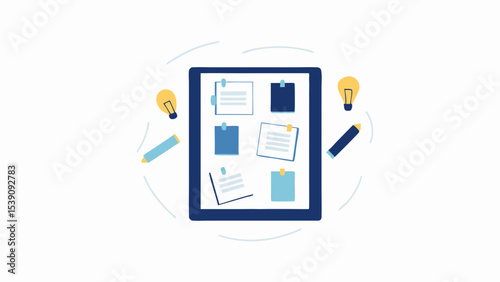 Dark blue frame with notes, light bulbs, and pencils on a white background in flat vector style