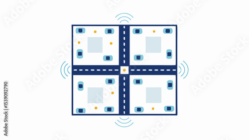 Illustration of a connected city with autonomous vehicles and wireless communication networks displayed