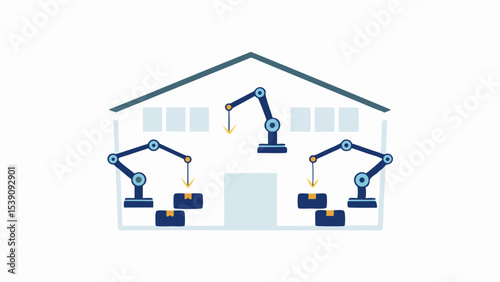 Automated warehouse with robotic arms moving boxes inside a building with windows and a door visible