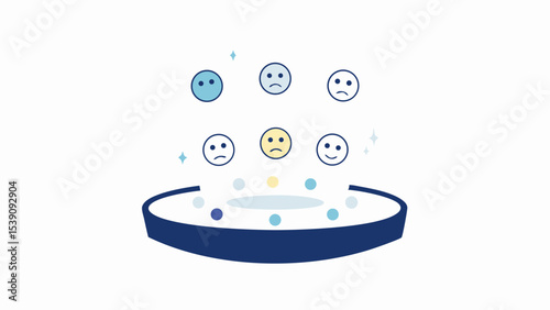 Illustration of a platform with various colored orbs and floating emotion face icons above it