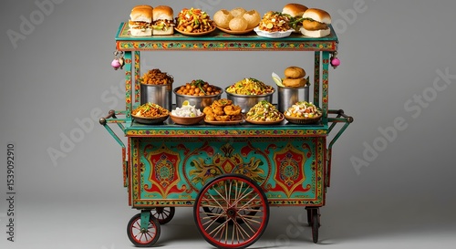 indian food Vibrant Indian Street Food Cart with Delicious Snacks and Vada Pav
