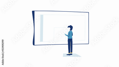 Person standing in front of a large screen with rectangular shapes displayed on the screen view in the room