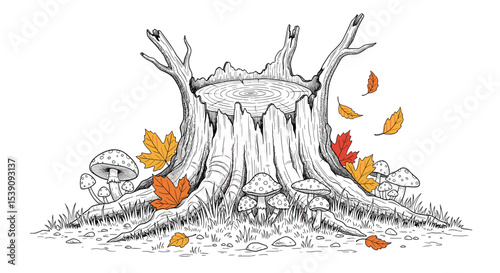 An Autumn Scene with a Tree Stump and Falling Leaves in the Wind