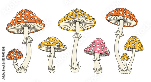 A Colorful Array of Mushrooms on a White Background in Illustration Form