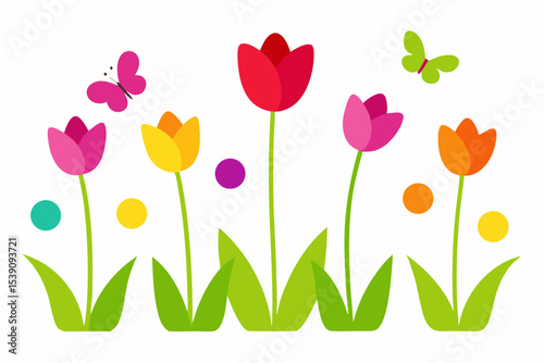 Colorful tulips with butterflies and dots