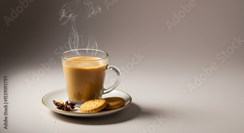 indian food Steaming Cup of Masala Chai with Biscuits on Saucer