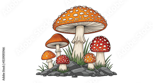 A Fascinating Assortment of Colorful Mushrooms Growing Wildly in a Small Grassy Space