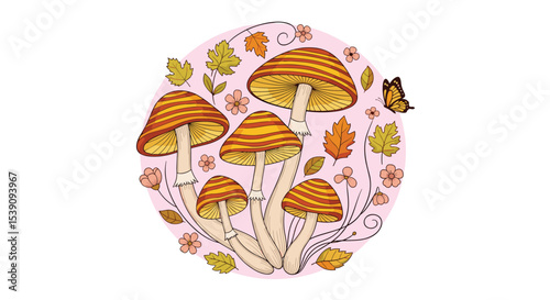 Autumn's Enchanted Gathering A Detailed Mushroom Circle with Leaves and Delicate Textures