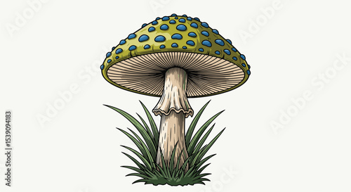 Unique Green Mushroom with Blue Spots Growing in Grass on the White Background