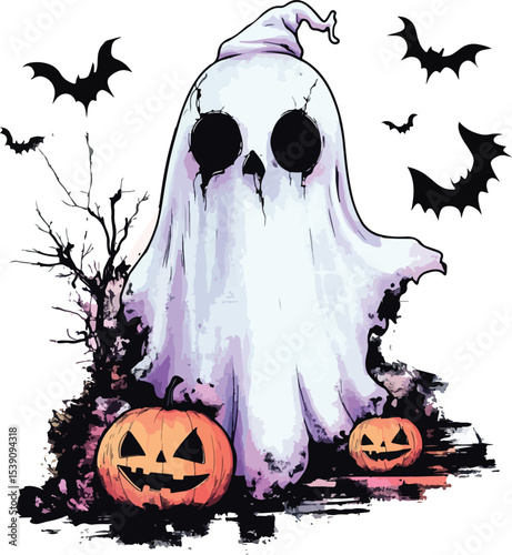 halloween ghost with pumpkin and bats