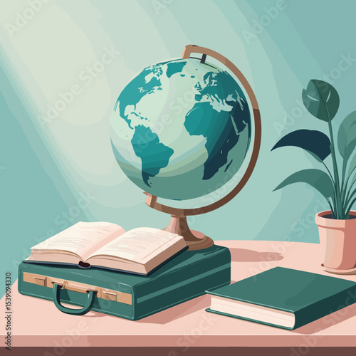 Globe and books on a table with a plant, educational atmosphere, study environment