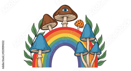 A whimsical fantasy world with colorful mushrooms and a radiant rainbow scenery