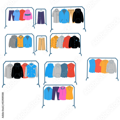 illustration of a collection of used clothing displays at a flea market