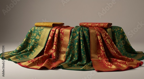 indian food Luxurious Green and Red Silk Sarees with Gold Embroidered Floral Pattern