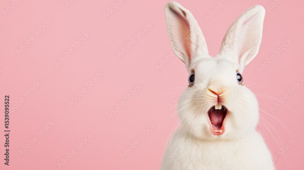 Obraz premium Surprised White Rabbit on Pink Background Close-up Portrait, Pastel Color Palette, Easter Bunny Concept, Animal Photography Easter Bunny, Rabbit Photography