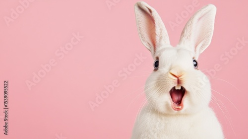 Surprised White Rabbit on Pink Background Close-up Portrait, Pastel Color Palette, Easter Bunny Concept, Animal Photography Easter Bunny, Rabbit Photography
