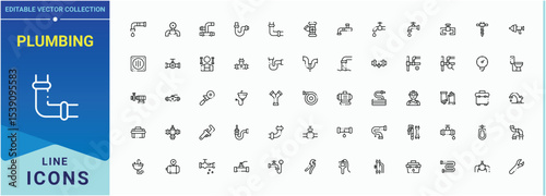 Plumbing icon set. Outline symbol collection. Contains related to bathroom, bath, equipment, construction. Vector artwork and illustration. Bath related icon set.