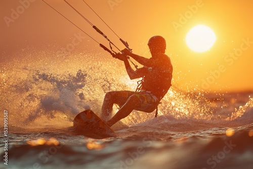 Man kiteboarding over choppy waves at sunset on a vibrant ocean