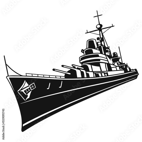 Monochrome Vector Illustration of a Warship in a Stylized Rendering Depicting Naval Power and Maritime History