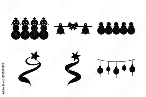 Festive Holiday Silhouettes Featuring Snowmen Bells Stars and Lanterns Creating a Cheerful and Decorative Arrangement