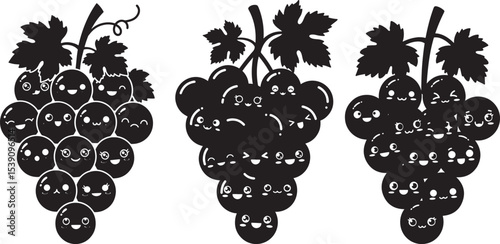 Happy Grape Bunch Kawaii Faces vector illustration