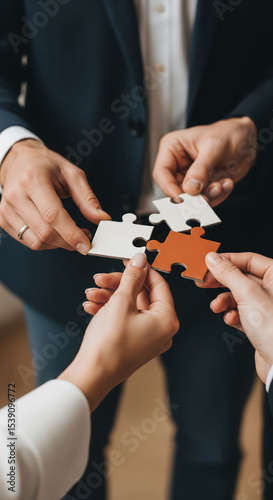 Close-up of hands connecting puzzle pieces, symbolizing teamwork, collaboration, and problem-solving in business