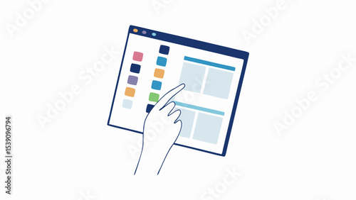 Hand pointing at a web page on a tablet with a colorful sidebar and two content sections displayed clearly