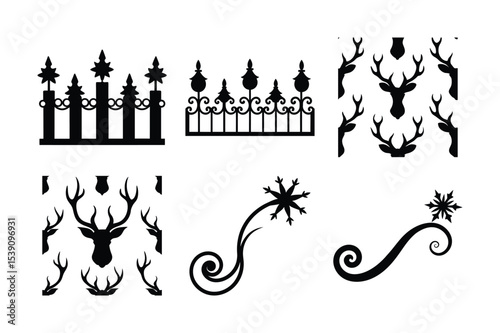 Elegant Christmas Decoration Elements Black Silhouettes Festive Ornaments for Crafting and Design Projects to Celebrate Winter Holidays