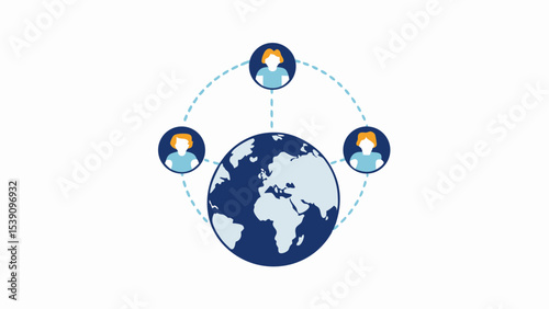 Illustration of a globe surrounded by three avatars connected with dashed lines representing global network