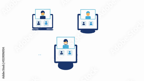Three computer screens showing video conference participants in a virtual meeting setting online call