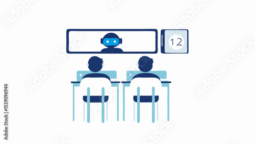Illustration of two students in a classroom with a robot teacher on a screen and a clock showing twelve