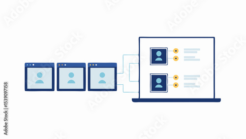 Illustration showing three connected browser windows linking to a larger profile display interface