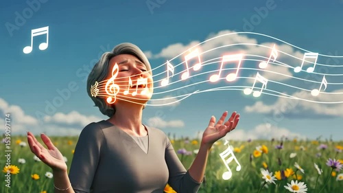Joyful woman singing in a vibrant flower field