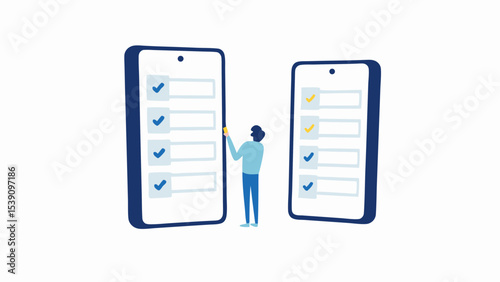 Person comparing checklists on two large mobile phones with completed tasks and check marks displayed