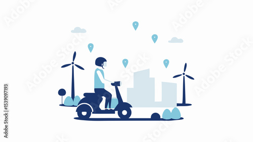 Illustration of a person riding a scooter in a city with windmills and location markers overhead