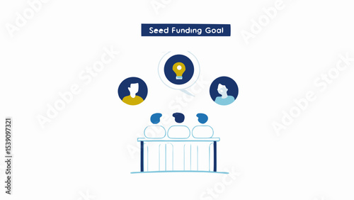 Illustration of three people at a table with a seed funding goal and lightbulb idea above their heads
