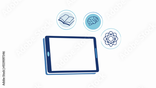 Illustration of a tablet with icons representing knowledge, science and brain power in light blue color