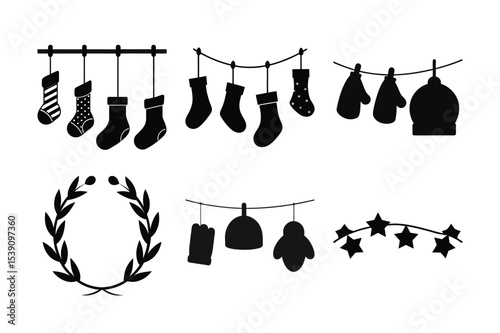 Festive Christmas Garlands with Stockings Mittens Ornaments and a Laurel Wreath Evoking Holiday Cheer and Celebratory Decor