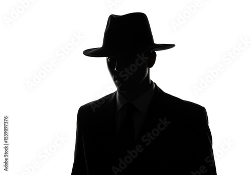 A shadowy figure in a fedora suit, isolated on transparent background