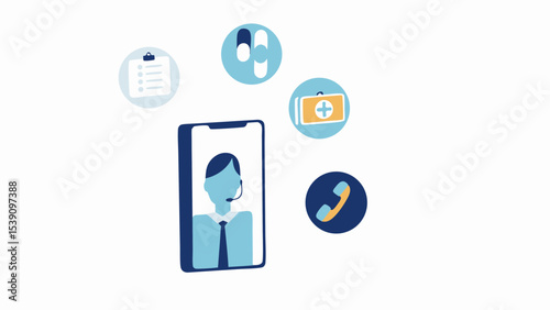 Illustration of online medical consultation with doctor on phone and medical icons around it shown clearly
