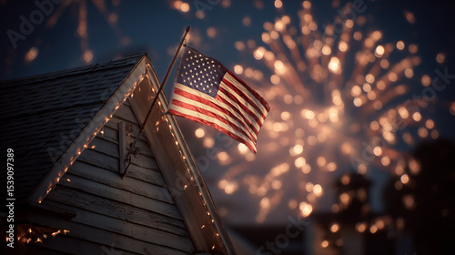 American flag on a house rooftop glowing under fireworks and starlight. 