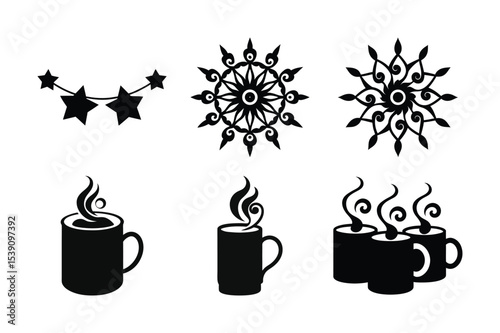Festive Collection Black and White Silhouette Designs Featuring Stars Snowflakes and Coffee Mugs for Holiday and Winter Themes