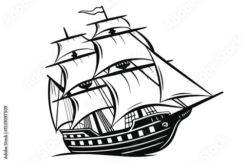 Detailed Black and White Illustration of a Majestic Sailing Ship at Sea Navigating the Open Waters with Grace and Power
