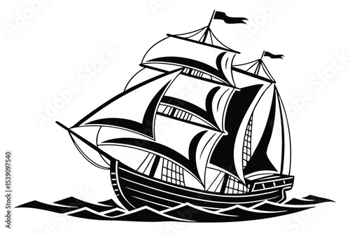 Majestic Monochrome Maritime Marvel An Ornate Sailing Ship Gracefully Navigating Turbulent Waters A Timeless Silhouette